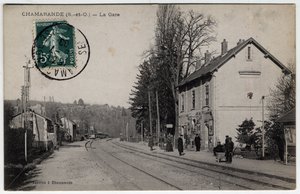 Ile de France, Essonne (91), Chamarande: pohled na vlakové nádraží - Pohlednice z roku 1908 od William M. Timlin