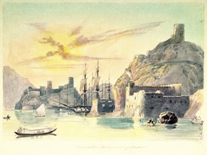 Pohled do interiéru přístavu Muscat (Omán) s popisem opevněných budov a zakotvených lodí. Podplukovník Paint Charles Hamilton Smith (1776-1859) od Unbekannter Künstler