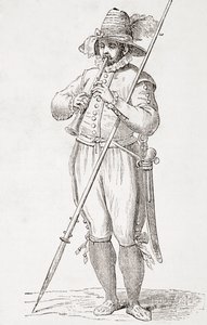 Italský rolník hrající na dulzainu, po díle Cesare Vecellia ze 16. století, z „El Mundo Ilustrado“, vydáno Barcelona od Unbekannt