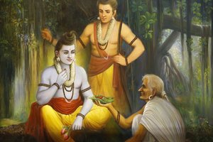 Hinduistický chrám modlitby Jalaraam, Leicester. Freska. Ram setkání Shabri Ho nabízí jídlo Ramkendra. Spojené království od Unbekannt