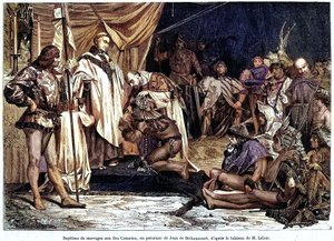 Jean de Bethencourt, normanský gentleman, baron de Saint Martin le Gaillard, dobyl a christianizoval Kanárské ostrovy v lednu 1405, z časopisu „Sur terre et sur mer““ č. 28, 8. ledna od Unbekannter Künstler