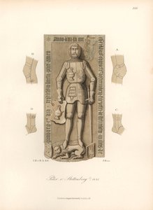 Rytíř ve zbroji z 15. století, s detaily vazeb na kolenou a loktech - Náhrobek Petera von Stettenberg, zemřelého 1441 - Chromolitografie, kresba Jakoba Heinricha von Hefner-Alteneck (1811-1903), pro jeho knihu "Kroje, řemesla a nástroje". od Unbekannter Künstler
