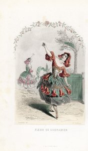 La fee de la fleur de grenade danse - lept od Charlese Geoffroye (1819-1882) podle ilustrace Jeana Ignace Isidora Gerarda dit J.J.J.Granville (1803-1847) pro Les fleurs animees. od Unbekannter Künstler