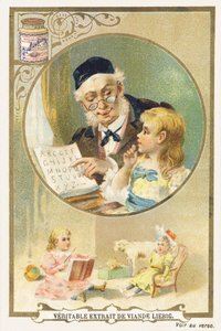 Čtení s dědou. Reklamní chromolitograf představující starší osobu v kruhovém rámu, malého po boku. Dole na obrázku sedící holčička obklopená hračkami. Editoval Compagnie Liebig, Paříž, konec 19. století. Dimenze od Unbekannt