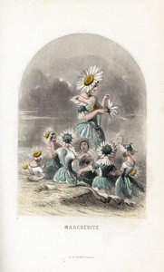 Les fees des daisies des pres, završené květinovými klobouky, jeden nechává okvětní lístky sedmikrásky - Eau forte od Charlese Geoffroye (1819-1882), podle ilustrace Jeana Ignace Isidora Gerarda dit J.J.Granville (1803-1847), pro Les fleurs animees. od Unbekannter Künstler