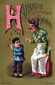 Písmeno H: Harangue před horion runnerem. Rytina v "Alphabet des grotesques"". Série 25 reklamních chromolitografií na dore pozadí, konec 19. století. Rozměr: 11 x 7 cm od Unbekannt