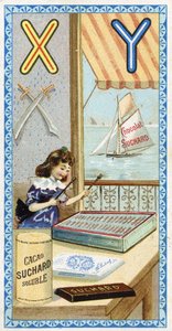 Písmeno X: xylofonista a Y: yatagan, jachta. Rytina abecedy v úpravě Chocolat Suchard, počátek 20. století. 24 chromolitografií představujících místa, postavy a předměty, které mají být na snímku objeveny. Rozměr: 105 x 55 mm od Unbekannt