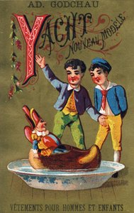 Písmeno Y: Nový model jachty. Rytina v "Alphabet des grotesques"". Série 25 reklamních chromolitografií na dore pozadí, konec 19. století. Rozměr: 11 x 7 cm od Unbekannt