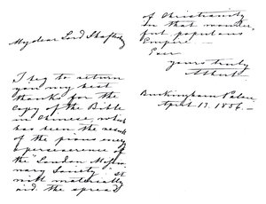 Dopis Alberta, prince Consorta, Anthonymu Ashley-Cooperovi, hraběti ze Shaftesbury, děkuje mu za výtisk Bible v čínštině, napsaný z Buckinghamského paláce od Unbekannt