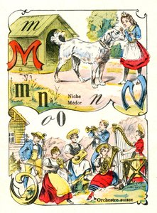 Písmena M N a O jako Medor, Niche a Swiss Orchestra. Gravírování v "Zábavné abecedě". Zobrazování Pont-a-Moussona. Tisk a vydavatelství Louis Vagne, konec 19. století od Unbekannt