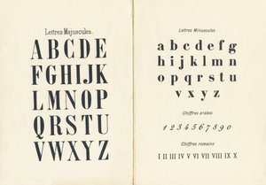 Velká a malá písmena, arabské a římské číslice - Rytina převzata z ABCD malých dívek. Pellerin & Cie, tiskárna-nakladatel, Epinal, kolem 1890. Serie A. Rozměry: 19 x 13,5 cm. od Unbekannt