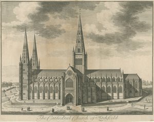 Katedrála Lichfield - South View: rytina, nd [c 1730] od Unbekannt