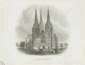Katedrála Lichfield – západní fronta: ocelorytina, nd [c 1842] od Unbekannt