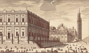 Lonja de Comercio ("Obchodní budova") a částečný výhled na sevillskou katedrálu. Rytina. ŠPANĚLSKO. MADRID (AUTONOMNÍ SPOLEČENSTVÍ). Madrid. Národní knihovna od Unbekannter Künstler