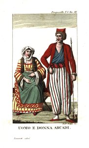 Muž a žena z Arkádie, Peloponés, Řecko. Ilustrace z knihy Francois Pouquevilleõs Travels through More, Albania and several other parts of the Ottoman Empire. od Unbekannter Künstler