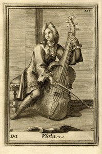 Muž hrající na violoncello (neboli "violu"). V "Gabinetto Armonico" od Filippa Bonanniho, Řím od Unbekannter Künstler