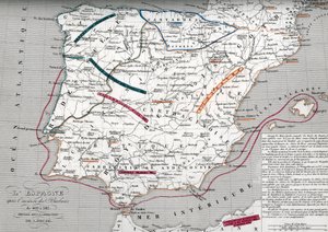 Mapa Hispánie v době germánské Hispánie, 409-585 (Map of Spain at the times of Germanic Hispania) Rytina z Houzova "Atlas Universel" od Unbekannter Künstler