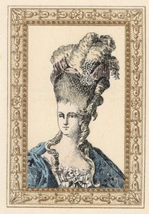 Marie Antoinetta, manželka francouzského krále Ludvíka XVI., ve složitém účesu korunovaném stuhami a perlami od Unbekannter Künstler