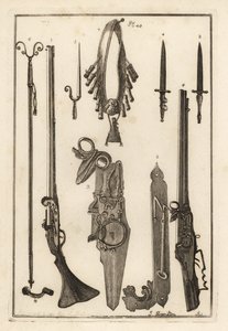 Matchlock mušketa, zámek a bajonet z Tower of London 1-3, bajonet 4, opěrka muškety a bajonet 5, opěrka muškety 6, bandileers a prachovka 7, zámek kola 8,9 a klíč 10 od Unbekannt