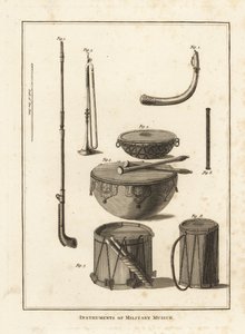 Vojenské hudební nástroje: trubka, lesní roh, píšťala, kotlíkový buben, boční buben od Unbekannt