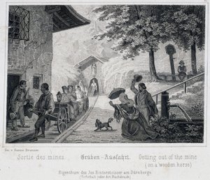 Solný důl: výjezd turistů z dolu na dřevěném vozidle taženém po kolejích, v rakouském Durrnburgu, kolem roku 1850 od Unbekannt