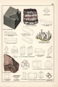 Minerály a krystaly (fluorit, celestin a vláknitá drahokamová sůl) - Chromolitografie mineralogie Gustava Adolpha Kengotta (1818-1897), výtah z Přírodopisu Gotthilfa Heinricha von Schuberta (1780-1860) od Unbekannter Künstler