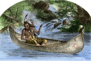 Původní obyvatelstvo Ameriky: Indiáni. Hiawatha rybaří na kánoi. Barevná rytina z 19. století. od Unbekannter Künstler