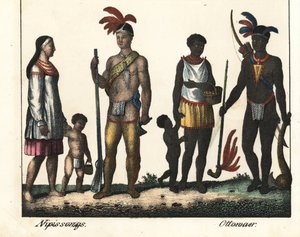 Původní obyvatelé Kanady: rodina indiánů z jezera Nipissing a rodina indiánů z oblasti Ottawy. Litografie pro knihu: (1785-1863), Mei: "Galerie complete en tableaux fideles des peuples d