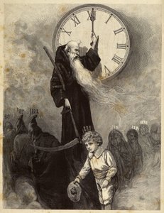 Novoroční alegorie 1889 zobrazující starou klenbu symbolizující starý rok, která ustupuje usmívajícímu se malému chlapci symbolizujícímu nový rok. Čas se na výjev dívá otáčením ručiček hodin. Rytina z 19. století od Unbekannter Künstler