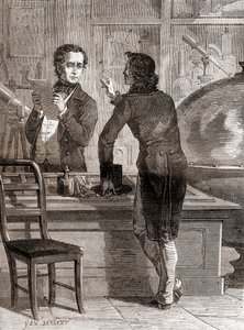 Nicéphore Niépce, i když je stále neznámý a chudý, v obchodě s optikou a přístroji Charlese Chevaliera, z Les Merveilles de la Science, vydáno kolem roku 1870 (rytina) od Unbekannt