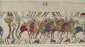 Normanští vojáci opouštějící Hastings bojovat s Haroldem, Bayeux Tapestry (vlněná výšivka na plátně) od Unbekannt