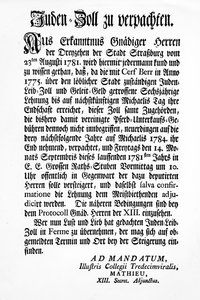 Oznámení štrasburského správního orgánu Třináctky (Tredecim Viri) o veřejné dražbě práva vybírat „Juden Zoll“ po dobu 3 let od Unbekannt