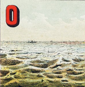O: Oceán. Nezměrná vodní plocha, která obklopuje Zemi. Voda oceánu je slaná; ten muž to nemůže pít - Rytina extrahovaná z Geographical Alphabet. Guerin-Muller et Cie, nakladatelství, Paříž od Unbekannt