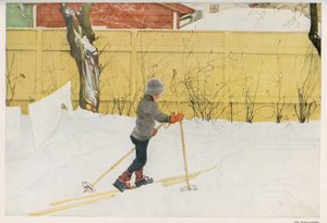 Jedno z dětí švédského ilustrátora Carla Larssona (1853-1919), které se učí pohybovat na lyžích. Kresba z "" Das haus in der sonne"" 1921 od Unbekannt