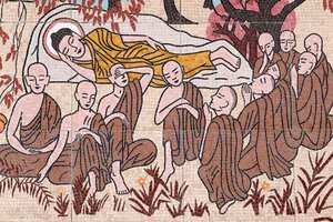 Buddhistická pagoda Ong Nui, Nástěnná freska, Život Buddhy, Po 45 letech výuky dharmy, Buddha přešel do Parinirvany, Quy Nhon, Vietnam, 2019 (foto) od Unbekannt