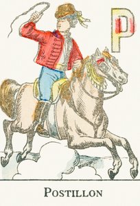 P: Postilion, mladý jezdec v kozáckém kostýmu - rytina z "Alphabet des jeux", kolem roku 1890 od Unbekannt