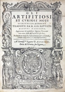Titulní strana knihy „Gli artifitiosi et curiosi moti spiritali di Herrone“ (běžně nazývané Pneumatika) od řeckého autora, Herona Alexandrijského nebo Herona staršího (aktivní 1. století), inženýra, mechanika a matematika, vydaného ve Ferrara (Itálie) v ro od Unbekannt