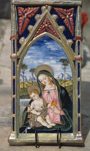 Malovaná keramická dlaždice zobrazující Madonu s dítětem, Gualdo Tadino, Umbria, Itálie od William M. Timlin