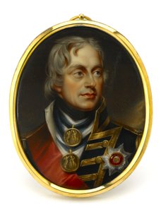 Malovaná miniatura představující viceadmirála Horatia Nelsona (1758-1805). Osazeno na měděném a smaltovaném přívěsku, počátek 19. století, portrét Henryho Pierce Bonea (1779-1855). od Unbekannter Künstler