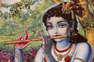 Obraz zobrazující hinduistického boha Krišnu hrajícího venku na flétnu. Indie od Unbekannt