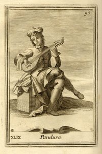 Smyčcový nástroj pandura byzantského původu, předchůdce mandolíny. V "Gabinetto Armonico" Filippa Bonanniho, Řím od Unbekannter Künstler