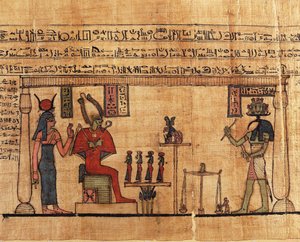 Papyrus z První knihy dýchání Ousirour, Thoth vážil duši Ousirour před Isis a Osiris