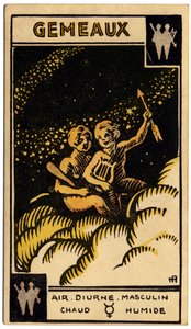 Paranormální. Astrologie. Blíženci (dvojčata). Astrologická karta od: Le Tarot Astrologique (Astrologický tarot), Georges Muchery, Francie od Unbekannter Künstler