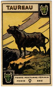 Paranormální. Astrologie. Býk (býk). Astrologická karta od: Le Tarot Astrologique (Astrologický tarot), Georges Muchery, Francie od Unbekannter Künstler
