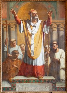 Farní kostel (Parochiale kerk Sint-Dionysius van Lede). Interiér. Jižní ulička. Oltář. Malování. Svatý Denis. Podepsán a datován 1854 ThEodore-Joseph Canneel. od Unbekannter Künstler