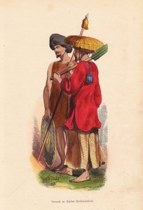 Peasant et soldat Cochinchinois (Vietnam) - Muži z Vietnamu (Cochinchine): voják s turbanem, štítem a kopím a zemědělec se slaměným kloboukem, tunikou a lopatou - Mercierův ručně kolorovaný dřevoryt z knihy "Moeurs, Uses et Costumes de tous les Peuples du  od Unbekannter Künstler