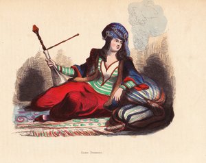 Perská dáma - Perská šlechtična v drahokamy zdobeném turbanu, kožešinovém kabátci, tunice a pantalonech, kouřící dýmku vodní dýmky, ležící na polštářích a koberci - Ručně kolorovaný dřevoryt Pannemakera a Merciera podle ilustrace H. Hendrickxe z knihy "Mor od Unbekannter Künstler