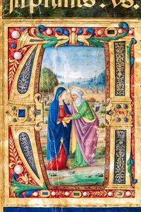 Piccolomini Library: Choir Book, cod. 14.P., násl. 2r s „Navštívením Marie a Panny Marie“. Alžběty od Giovanniho di Giuliana Boccardiho, známého jako Boccardino starší. Detail. od Unbekannter Künstler