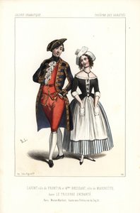 Pierre-Cheri Lafont v roli Frontina a paní Bressantové nebo Augustine Dupont jako Marinette ve hře Theophila Gautiera Le Tricorne Enchante, Theatre des Varietes. od Unbekannter Künstler