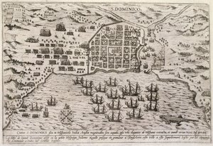 Plán Drakeova útoku na Santo Domingo, kolem roku 1595 (rytina) od Unbekannter Künstler